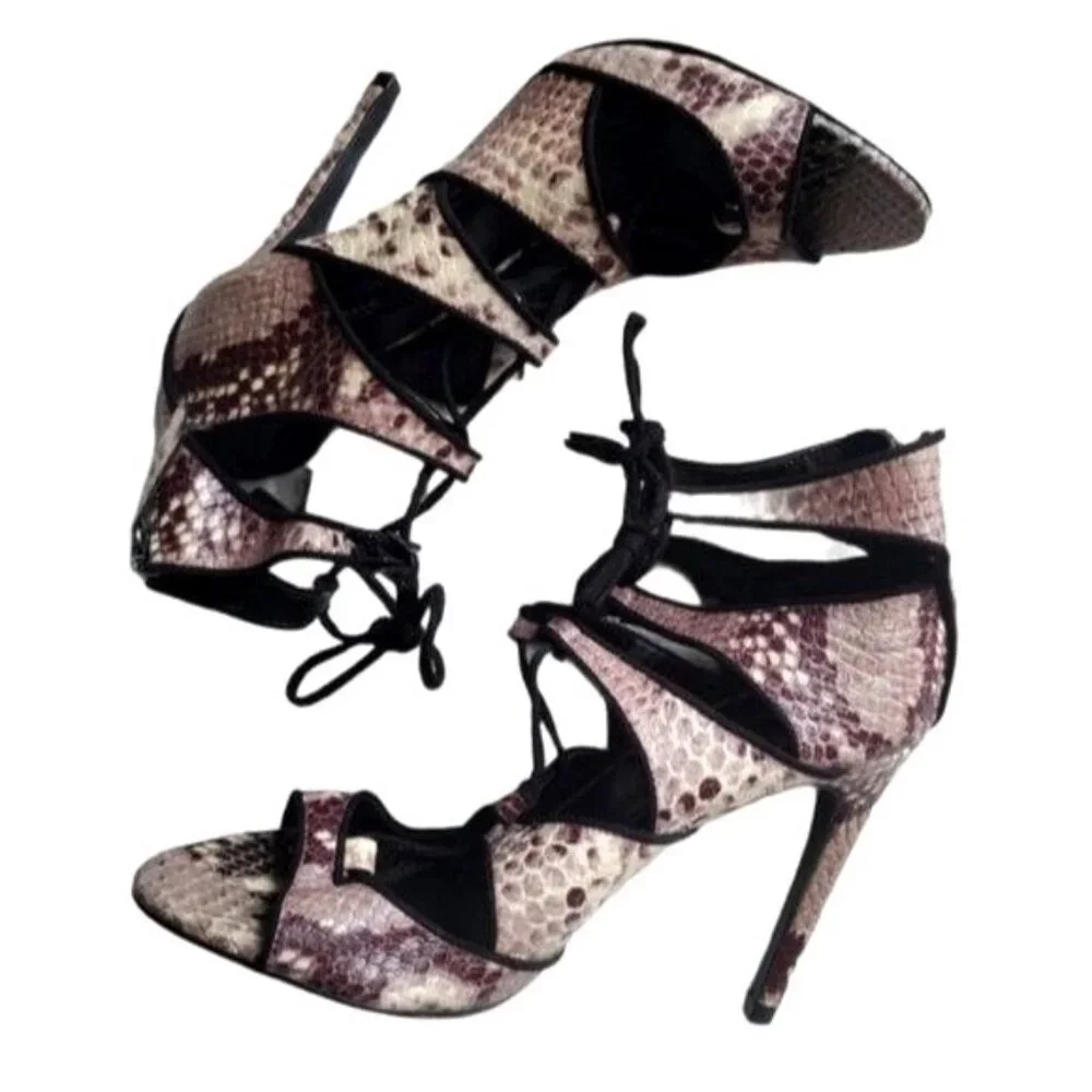 ZARA Women Heels EU 37 6.5 Snakeskin Animal Print Strap Tassel Open Toe Stiletto